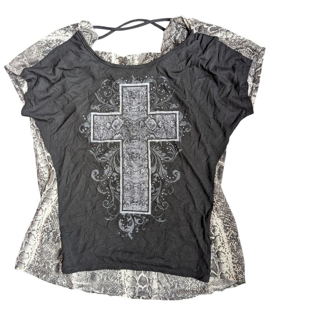 Y2K Mall Goth Graphic Top Size Medium Snake Skin Cross Animal Mesh Cyber Grunge